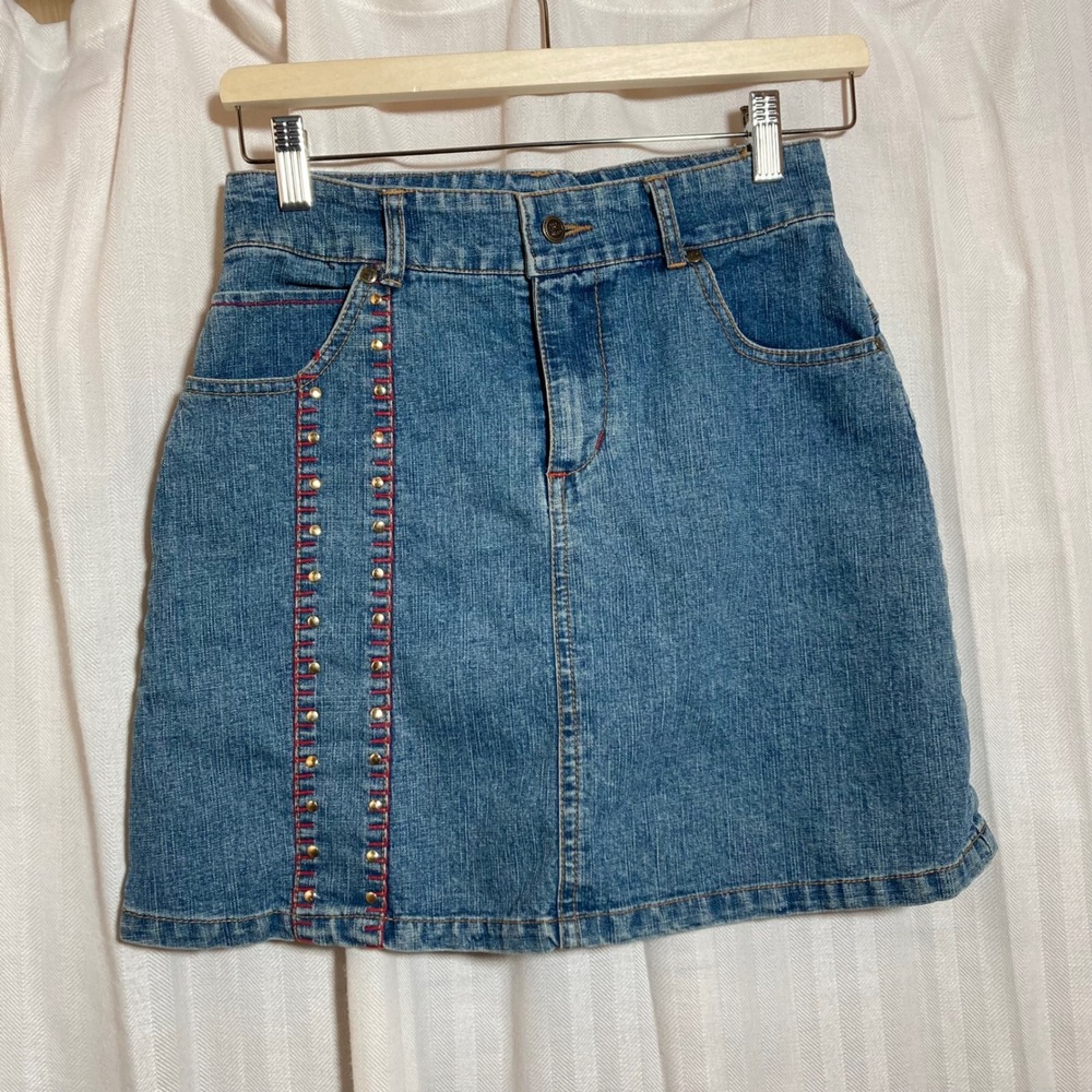 Kids Denim Skirt Girls Size 14 16 Blue‎ Jean Studded Red StitchingY2K Streetwear
